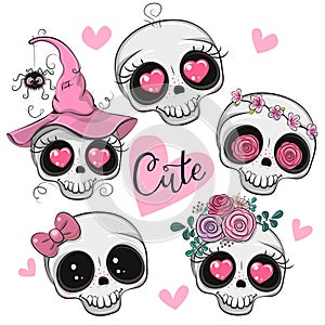 Cute Cartoon skulls with flowers and hearts