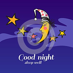 Cute cartoon sleeping moon and stars