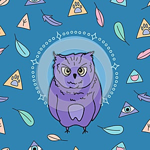 Cute cartoon sleepy owl on magic blue background seamless pattern, hand drawn editable vector