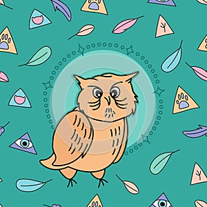 Cute cartoon sleepy owl on magic green background seamless pattern, hand drawn editable vector