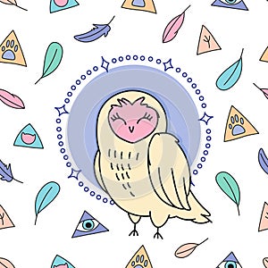Cute cartoon sleepy owl on magic white background seamless pattern, hand drawn editable vector