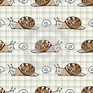 Cute cartoon slimy snail with shell seamless vector pattern. hand drawn slippery slug for yard illustration. Gastropod