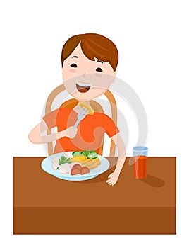 Cute cartoon small boy dined at the table