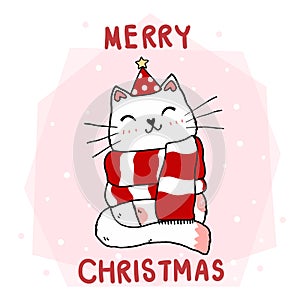 Cute cartoon smile cat in red scarf and winter santa hat, Merry Christmas, idea for greeting card, shirt print, wall art,