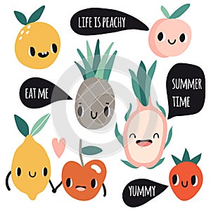 Cute cartoon smile fruits characters with speech bubbles