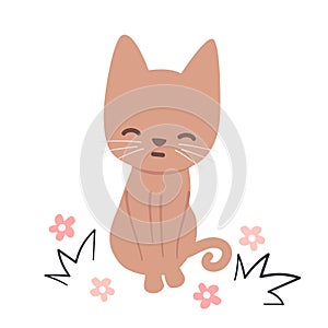 cute cartoon smiling cat in the meadow vector illustration with pink daisy flowers and grass isolated on white background