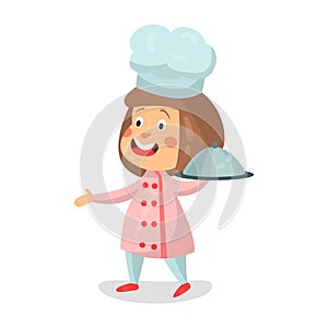 Cute cartoon smiling little girl chef character holding cloche platter Illustration