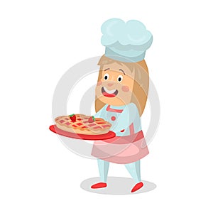 Cute cartoon smiling little girl chef character walking with strawberry pie cake Illustration