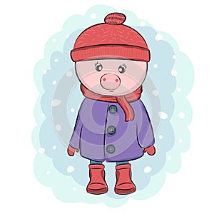 Cute cartoon smiling pig baby in winter in coat and hat.