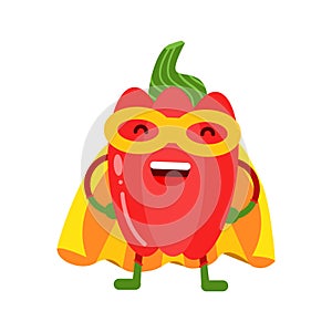 Cute cartoon smiling red pepper superhero in mask and yellow cape, colorful humanized vegetable character Illustration