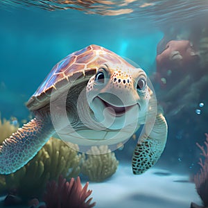 A cute cartoon smiling sea turtle swims in the blue ocean.Underwater landscape.