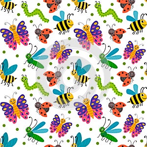 Cute cartoon smiling summer insects random seamless pattern