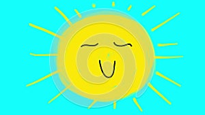 Cute cartoon smiling sun on a blue screen.
