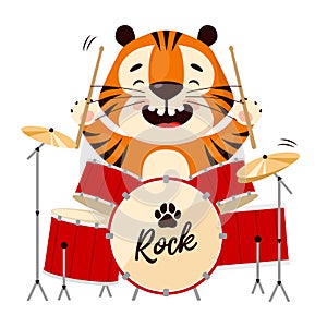 Cute cartoon smiling tiger playing drums. Symbol of 2022, year of the tiger. Vector illustration isolated on white