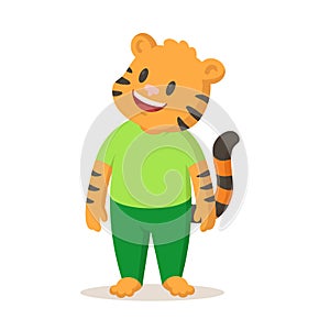 Cute cartoon smiling tiger standing, cartoon character. Flat vector illustration, isolated on white background.