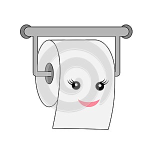 Cute cartoon smiling toilet paper roll isolated on white. Kawai character flat icon. Vector illustration