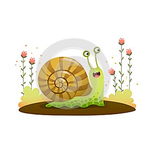 Cute cartoon snail crawling in the garden on white background