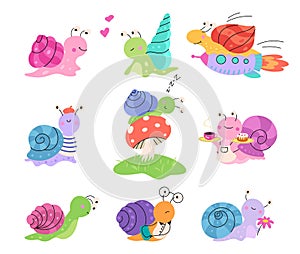 Cute cartoon snail. Gastropod shell, garden snails happy set. Wild small slug, funny insects sleep, in flight on shuttle