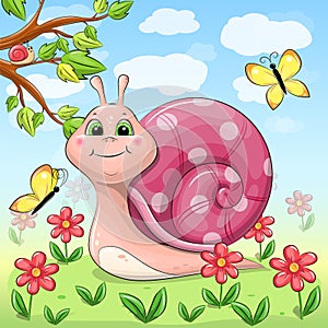 Cute cartoon snail in nature.