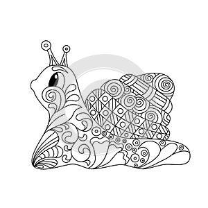 Cute cartoon snail with ornament. Design for coloring page