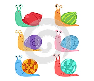Cute cartoon snail vector set with different shells