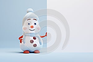 Cute cartoon snowman with banner on blue background. 3d render