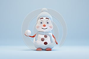 Cute cartoon snowman on blue background. 3d render