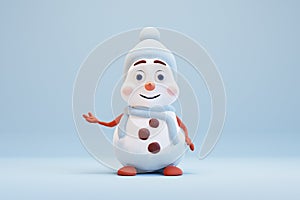 Cute cartoon snowman on blue background. 3d render