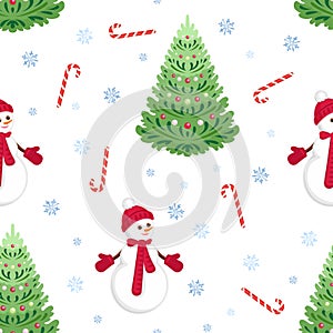Cute cartoon snowman, christmas trees, candies and snowflakes isolated on white background. Festive winter seamless pattern.