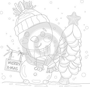 Cute cartoon snowman in hat and scarf with pine tree and sign graphic sketch template