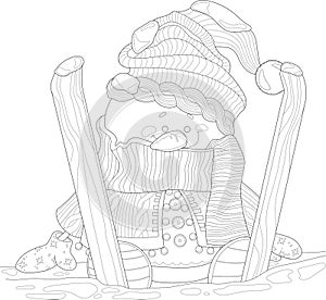 Cute cartoon snowman with skis in hat and scarf graphic sketch template.