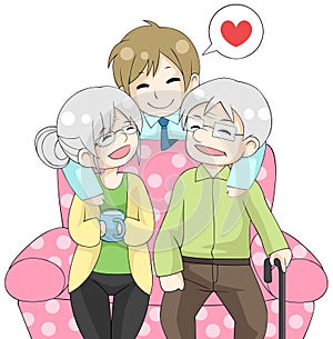 Cute cartoon son is hugging their old elder parents