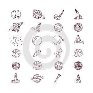 Cute cartoon space asrtonaut cosmos vector icon collection. Planet, rocket, observatory icons in one cute set, isolated