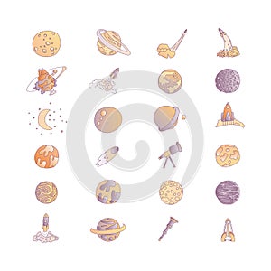 Cute cartoon space asrtonaut cosmos vector icon collection. Planet, rocket, observatory icons in one cute set, isolated