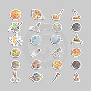 Cute cartoon space asrtonaut cosmos vector icon collection. Planet, rocket, observatory icons in one cute set, isolated