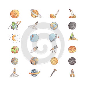 Cute cartoon space asrtonaut cosmos vector icon collection. Planet, rocket, observatory icons in one cute set, isolated