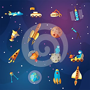 Cute cartoon space explorer, astronomy science and UFO vector set. Lunar rover, rockets, space sheeps and shuttle