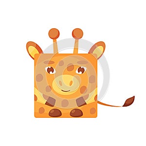 Cute cartoon square animal giraffe face, vector zoo sticker isolated on white background.