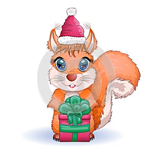 Cute cartoon squirrel with beautiful eyes in a Santa Claus hat with a Christmas gift, candy cane, ball