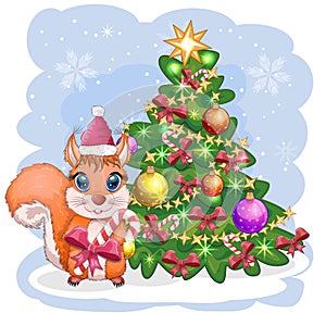 Cute cartoon squirrel with beautiful eyes in a Santa Claus hat with a Christmas gift, candy cane, ball near a decorated Christmas