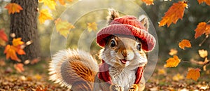 Cute cartoon squirrel a clearing adorable leaves emotion wild animal outdoor mammal