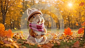 Cute cartoon squirrel a clearing autumn leaves emotion wild animal outdoor mammal