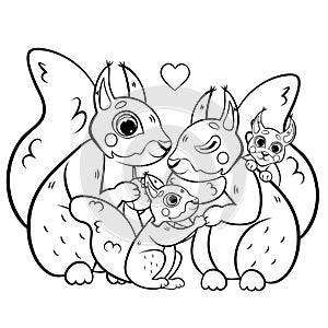 Cute cartoon squirrel family vector coloring page outline. Male and female squirrels with their pups. Coloring book of forest