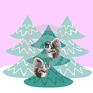 Cute cartoon squirrels on the pines trees in a morning winter forest. Endless pattern, print for fabric, packaging design