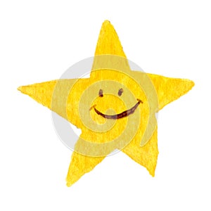 Cute cartoon star. Hand drawn watercolor illustration Smiling star isolated on white. Watercolour painted illustration.