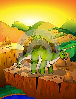 Cute cartoon stegosaur with landscape background.