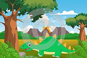 Cute cartoon stegosaurus with volcano background