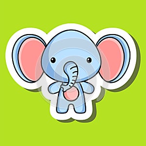 Cute cartoon sticker little elephant. Mascot animal character design for for kids cards, baby shower, posters, b-day invitation,