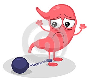 Cute cartoon stomach character unhealthy sick emoji sad emotion. Stomach heaviness concept. Vector modern style cartoon character photo