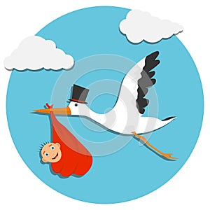 Cute cartoon stork and baby. Card with stork and baby on blue sky. Vector illustration of a flying bird carrying